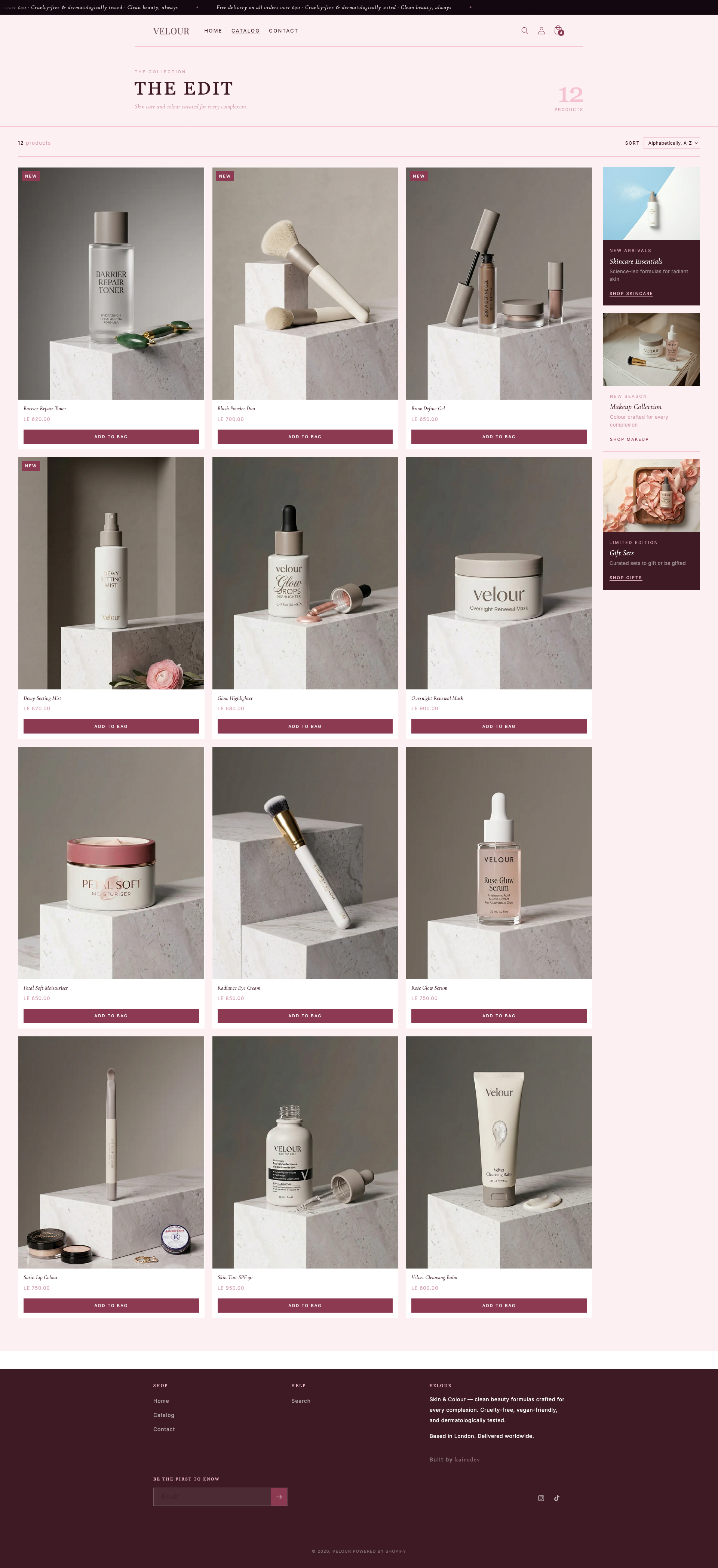 Velour products listing page